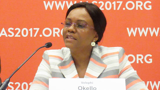 Velephi Okello, en su intervención en la IAS 2017. Foto: Liz Highleyman, hivandhepatitis.com 